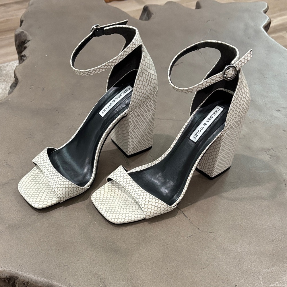 Chelsea & Violet Cream Snakeskin Block Heel Sandals
